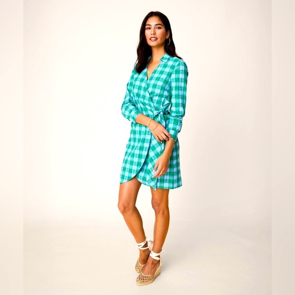 Untuck It for Her Seersucker Mila Button Down Shirt Dress Blue Green Gingham Med - Picture 12 of 12